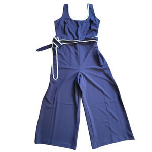 Karl Lagerfeld Paris Navy Belted Wide Leg Jumpsuit 14 NWT White Trim